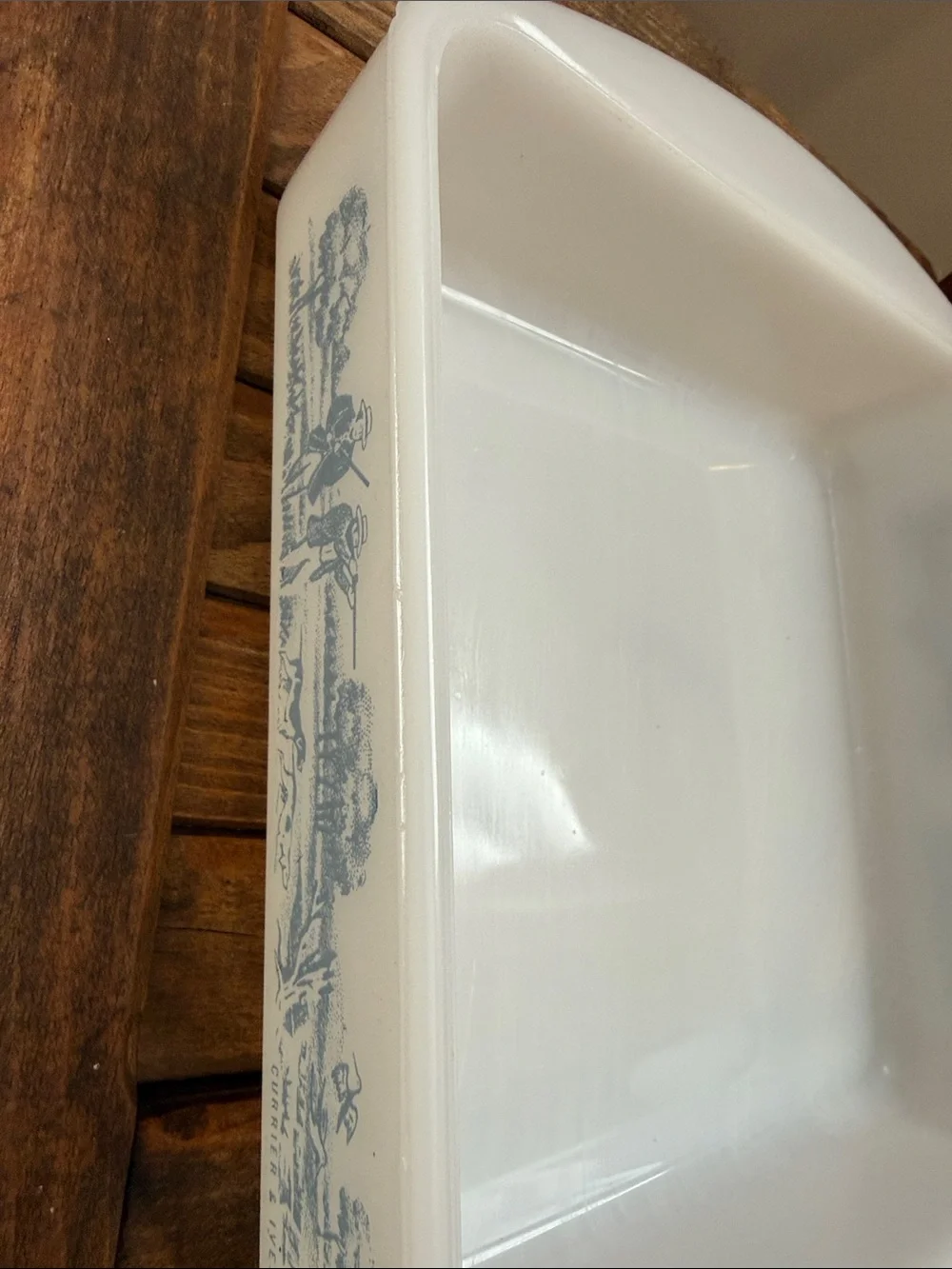 Vintage Glassbake Currier & Ives Blue Hunting Scene Milk Glass Square Bake Dish